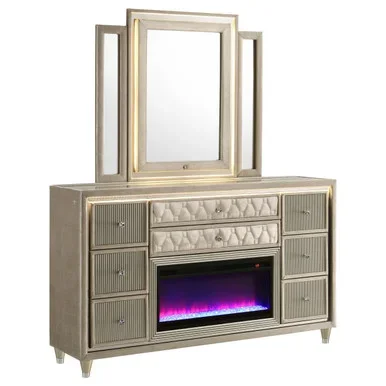 Lorient 8-drawer LED Flame Box Dresser and Mirror Ivory Camel / CS-222663FBM